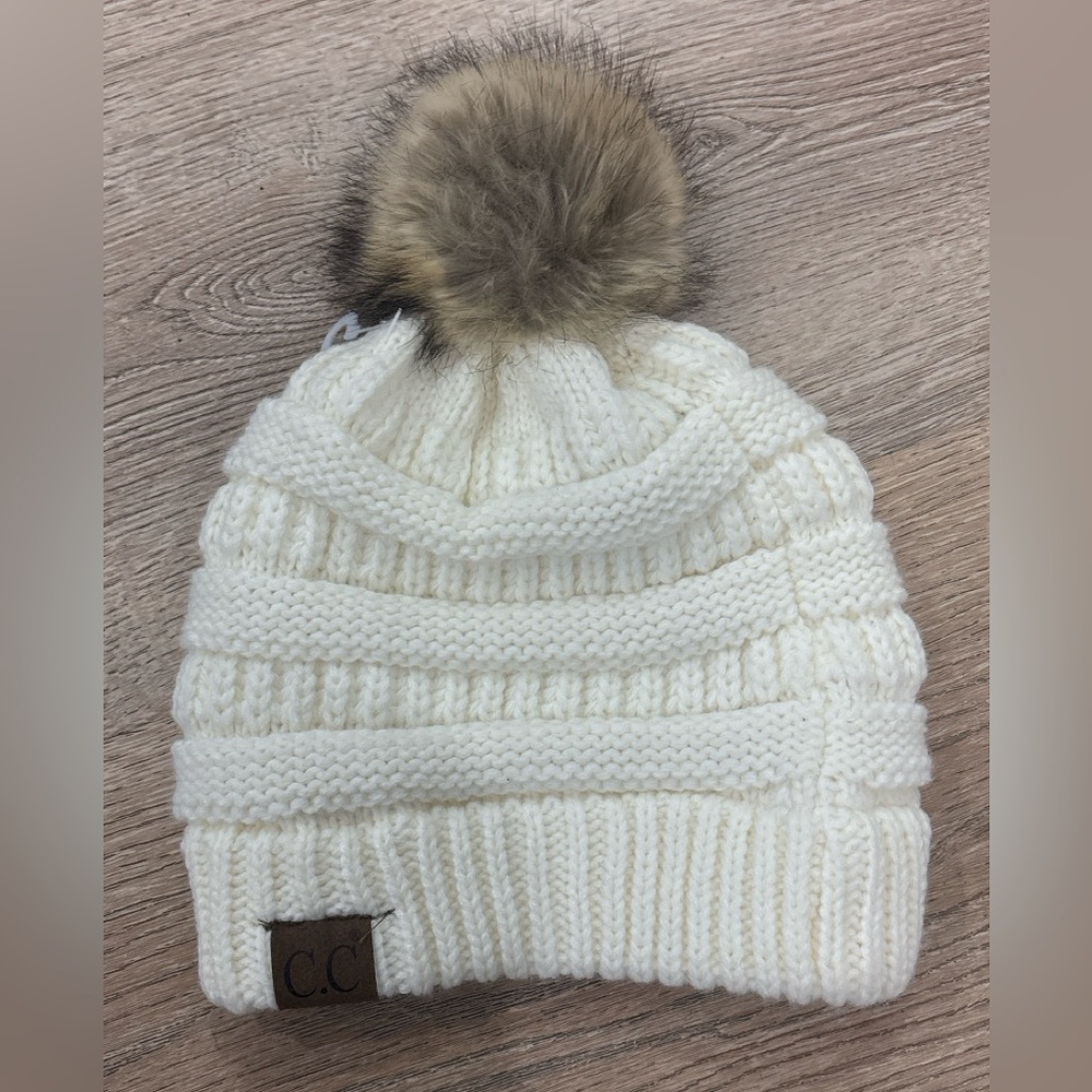 C.C White Knit Beanie Hat with Faux‎ Fur Pom | Women’s Winter Cable Knit